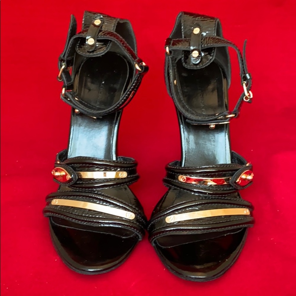 Balenciaga Black and Rose  Gold Patent Wedge